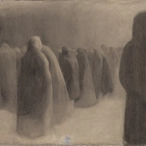 Prompt: black and white rows of screaming men angst and confusion thomas cooper gotch kathe kollwitz foggy dim lighting