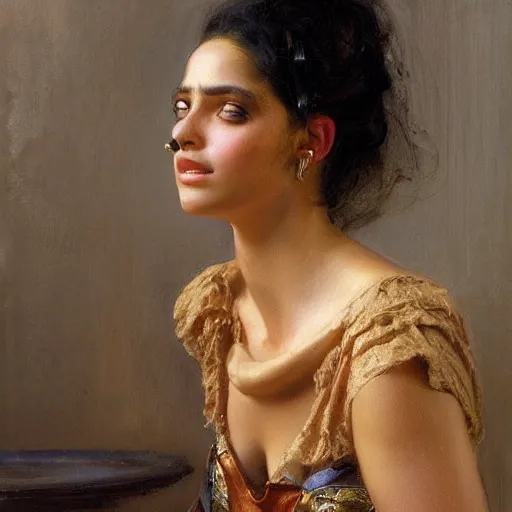 Prompt: a high fashion studio stunning backlit portrait of frowning egyptian girl, with tanned skin, wearing a 1 7 th century french off - the - shoulder neckline bodice, painting by gaston bussiere, craig mullins, j. c. leyendecker