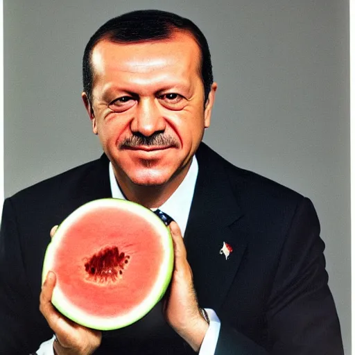 Image similar to recep tayyip erdogan smiling holding watermelon for a 1 9 9 0 s sitcom tv show, studio photograph, portrait c 1 2. 0