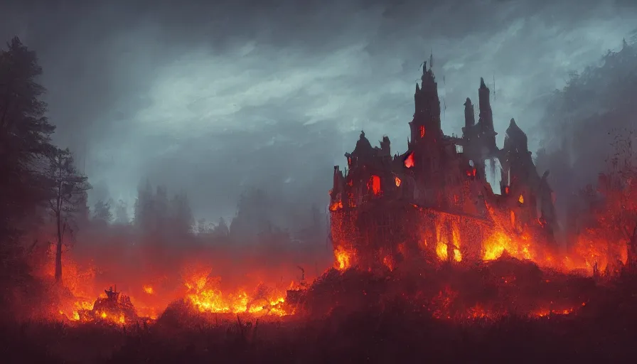 Image similar to Cinematic view of a wonderful burning castle built in a middle of a dark wood, wide view, fire and ashes, cloudy night, hyperdetailed, artstation, cgsociety, 8k