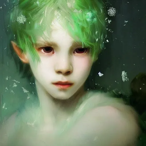 Image similar to a young man of just 14 with Snow White white white white!!! hair and glowing green eyes who can walk through walls, disappear, and fly. Ruan Jia. Alayna Danner