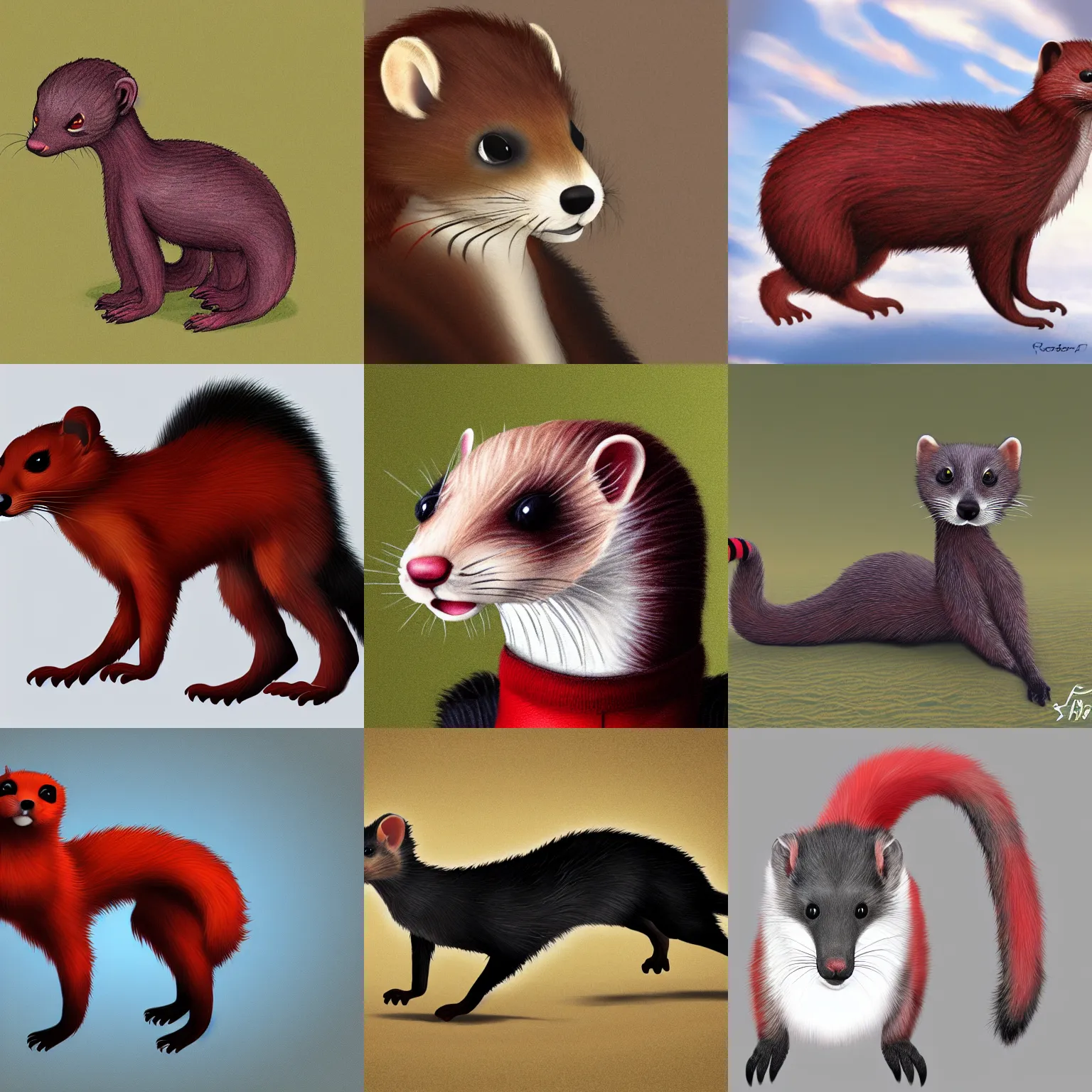 Prompt: photorealistic, male weasel furred redblack body fursona