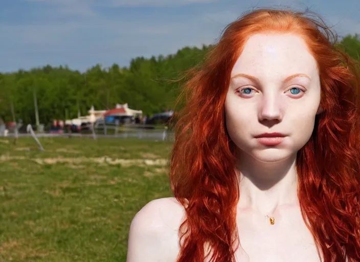 Image similar to close up portrait photograph of a anesthetic beautiful!!! thin young redhead woman with russian descent, sunbathed skin, with deep blue (round!!! (Symmetrical!!! eyes)) . Wavy long maroon colored hair. she looks directly at the camera. Slightly open mouth, face takes up half of the photo. a park visible in the background. 55mm nikon. Intricate. Very detailed 8k texture. Sharp. Cinematic post-processing. Award winning portrait photography. Sharp eyes.