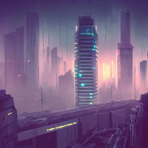 Prompt: cityscape of cyberpunk warsaw, dystopian, ethereal lighting, night time, haze, josan gonzales