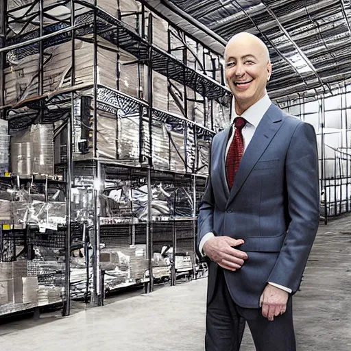 Prompt: jeffrey bezos in an industrial warehouse by murata - n 9