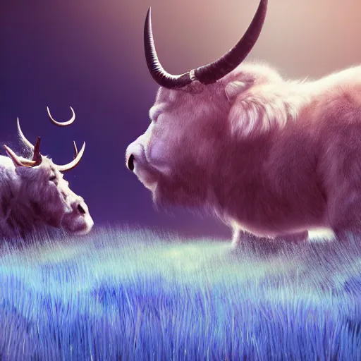 Image similar to an illustration of a giant six - legged beast bull - like head, a pair of horns thick blue fluffy fur walking across a peaceful fantasy meadow with fishes flying in the sky digital art concept art