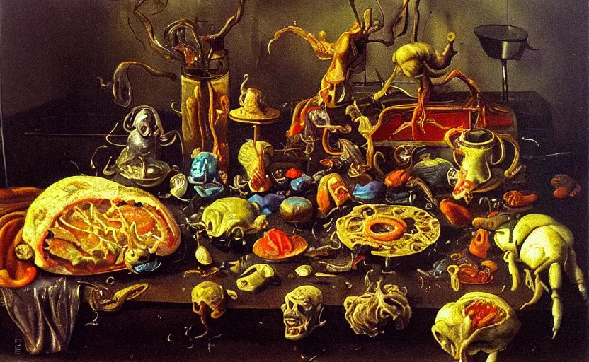 Image similar to disturbing colorful oil painting dutch golden age vanitas still life with bizarre objects strange gooey transparent surfaces shiny metal reflections bizarre mutant meat insects rachel ruysch dali todd schorr very detailed perfect composition rule of thirds masterpiece canon 5 0 mm, cinematic lighting, photography, retro, film, kodachrome