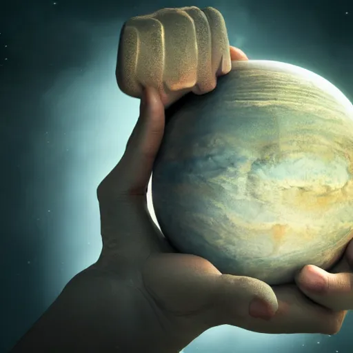 Prompt: a god holding a planet, 8K resolution, HDR, soft focus, macro photography, digital art, ambient occlusion, gothic art, hyperdetailed, Unreal Engine, ethereal