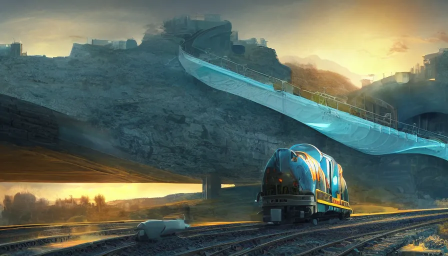 Image similar to futuristic cargo train driving over aqueduct, green hills, matte painting, artstation, sunrise, blue sky, solarpunk