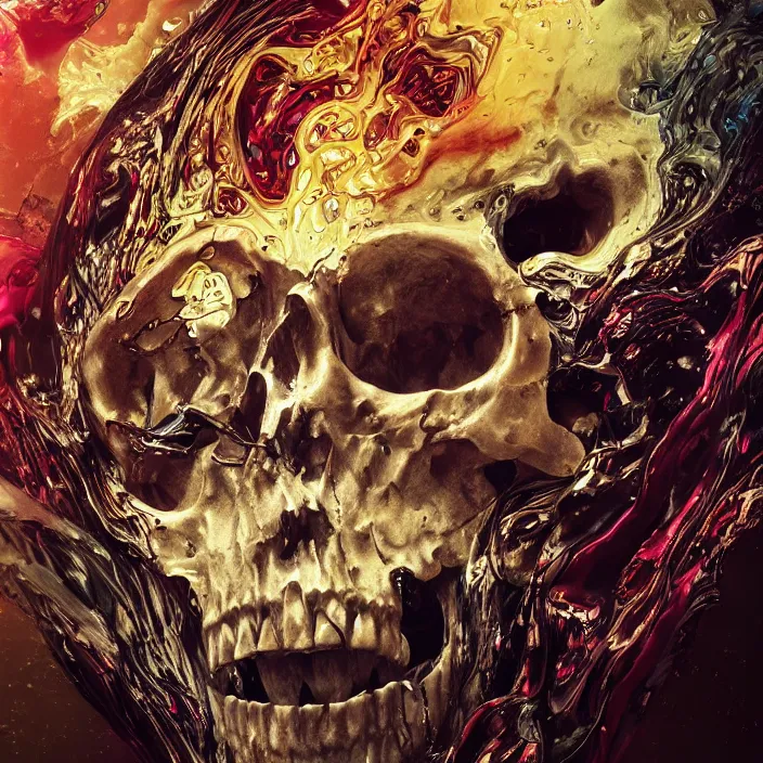 Image similar to a melting dripping skull. burning water distortions. intricate abstract. intricate artwork. by Tooth Wu, wlop, beeple, dan mumford. octane render, trending on artstation, greg rutkowski very coherent symmetrical artwork. cinematic, hyper realism, high detail, octane render, 8k, depth of field, bokeh. iridescent accents