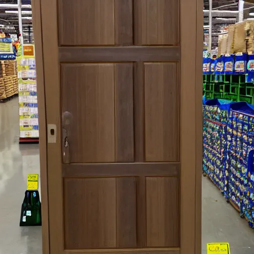 Prompt: a wooden door inside a costco that opens into a beautiful meadow, photo, 8 k