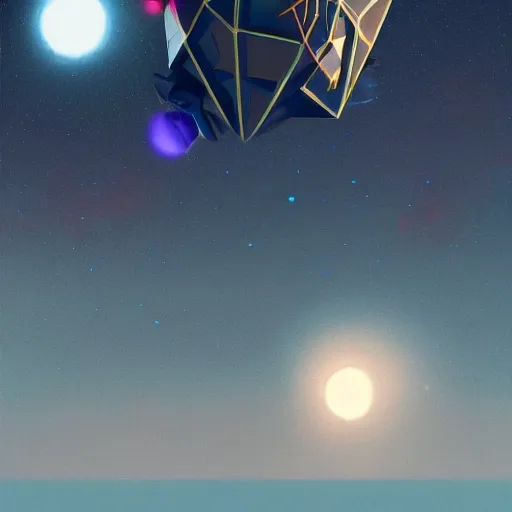 Image similar to greg rutkowski, beeple, a painting by ralph mcquarrie of floating molecules and icosahedron with stars, clouds, and rainbows in the background, trending on artstation, masterpiece, incredible details