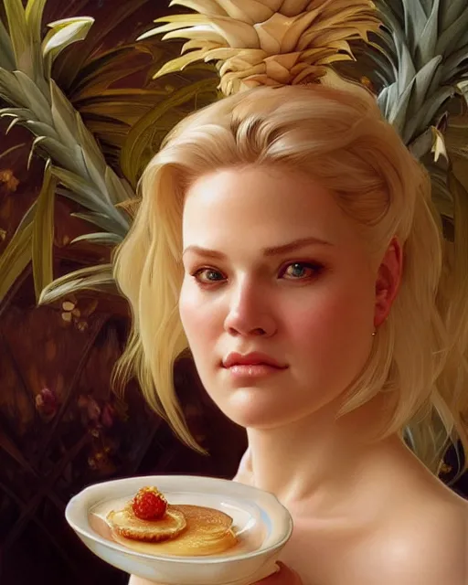 Prompt: Portrait of a fat drunk blond woman eating a pineapple dessert,real life skin, intricate, elegant, highly detailed, artstation, concept art, smooth, sharp focus, art by artgerm and greg rutkowski and alphonse mucha