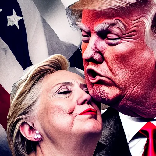 Image similar to Donald Trump Kissing Hillary Clinton, digital art, grungy, unkept hair, glowing eyes, modelsociety, radiant skin, huge anime eyes, RTX on, perfect face, directed gaze, intricate, Sony a7R IV, symmetric balance, polarizing filter, Photolab, Lightroom, 4K, Dolby Vision, Photography Award