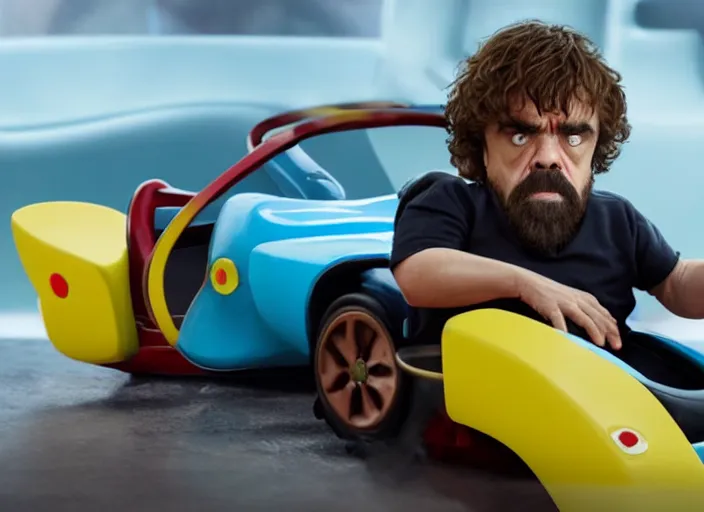 Prompt: peter dinklage driving a little tikes cozy coupe, movie still, from the new fast and furious movie, 8 k, realistic