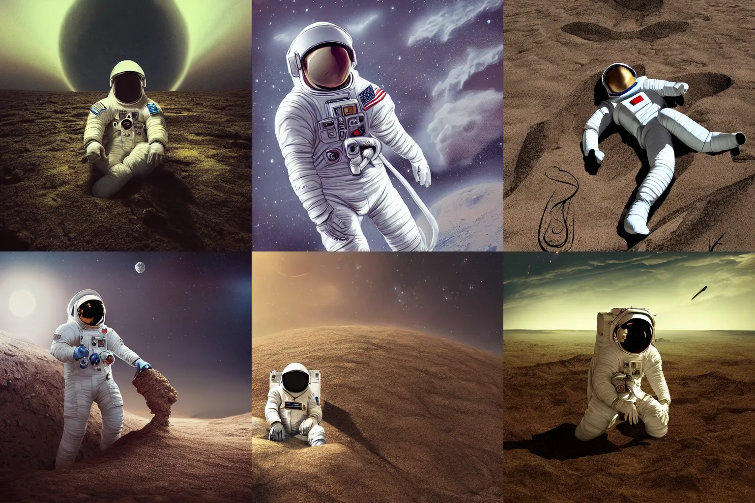 Prompt: an astronaut is praying, half body buried in soil, digital art, trending on Artstation