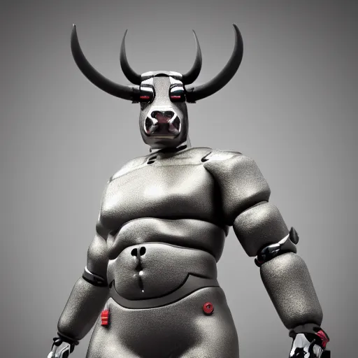 Prompt: a standing anthro bull android modeled after a bull made of hard rubber looking into the camera, android, cyborg, half body, intricate, 3 d, hyper realism, fantasy, depth of field, octane render, symmetrical, highly detailed, digital art, artstation, concept art, cinematic lighting, trending