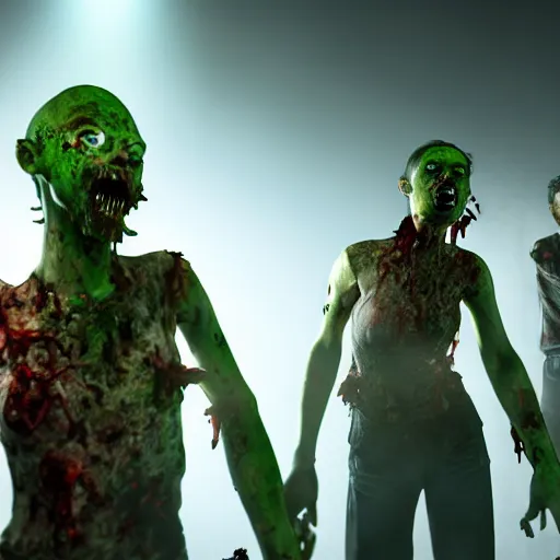 Prompt: a group of zombies coming towards the camera, highly detailed, photorealistic portrait, bright studio setting, studio lighting, crisp quality and light reflections, unreal engine 5 quality render