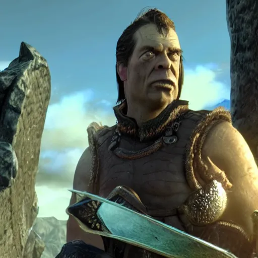 Prompt: nigel farage as a warrior in skyrim splash art, movie still, cinematic lighting, dramatic, octane render, long lens, shallow depth of field, bokeh, anamorphic lens flare, 8 k, hyper detailed, 3 5 mm film grain