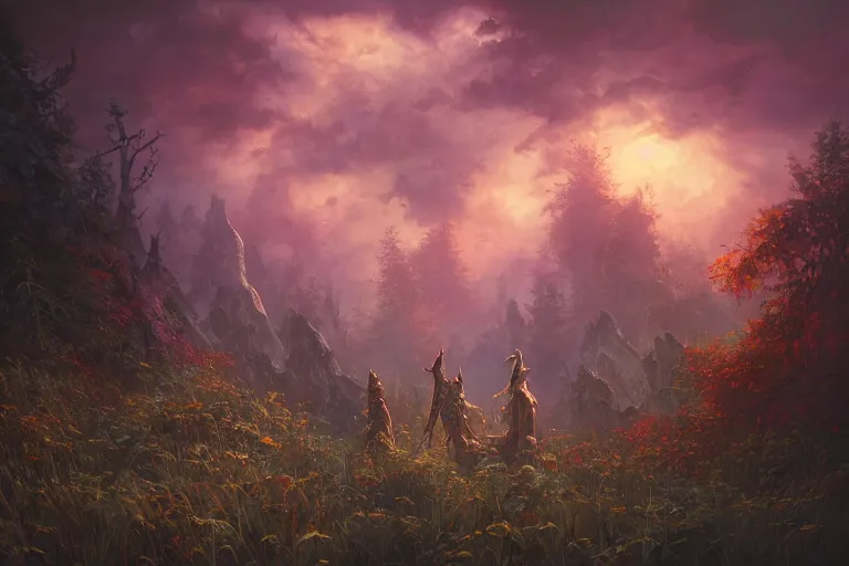 Image similar to sunset lighting ominous shadows, cinematic fantasy painting, dungeons and dragons, an ashigaru mouse looks over an autumn forest clearing of wildflowers glade jessica rossier and brian froud