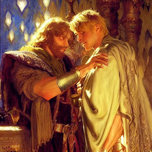 Image similar to handsome arthur pendragon in love with handsome merlin the mage. merlin is also in love with arthur. highly detailed painting by gaston bussiere, craig mullins, j. c. leyendecker