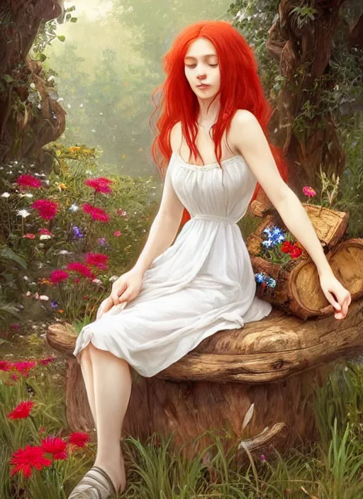 Image similar to a beautiful red haired girl in white dress sitting on wooden trunk in a garden holding a bunch of wild flowers, deep focus, d & d, fantasy, intricate, elegant, highly detailed, digital painting, artstation, concept art, matte, sharp focus, illustration, hearthstone, art by artgerm and greg rutkowski and alphonse mucha