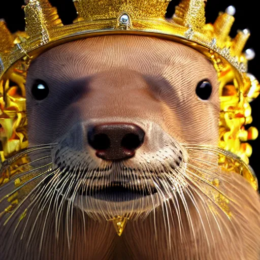 Prompt: river otter wearing crown surrounded by gold, expression, photo realistic, dramatic cinematic lighting, octane render, 4k, ultra detailed