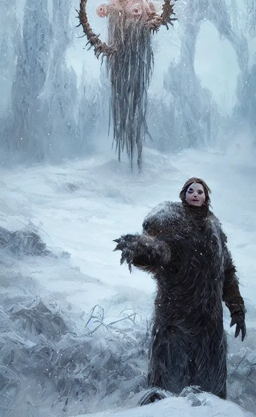 Image similar to portrait of a frozen monster creature, standing in a snowy field, fantasy, highly detailed, cinematic lighting, digital art painting by greg rutkowski