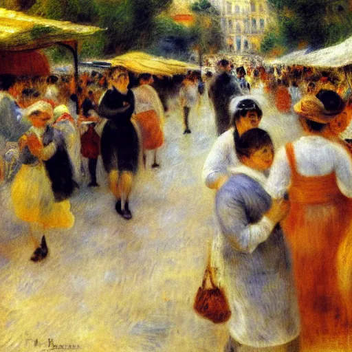 Image similar to Painting of a street market, portugal, by Renoir, Jean Béraud, busy, movement, impressionist, early morning, somber colours