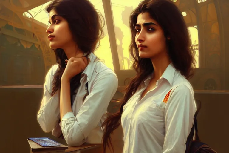 Image similar to Anxious pretty pale young Indian doctor wearing jeans at the airport, portrait, elegant, intricate, digital painting, artstation, concept art, smooth, sharp focus, illustration, art by artgerm and greg rutkowski and alphonse mucha