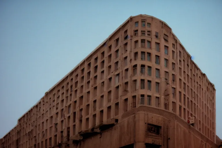 Prompt: film still of non euclidian fascist architecture, cinestill 800t 35mm full-HD