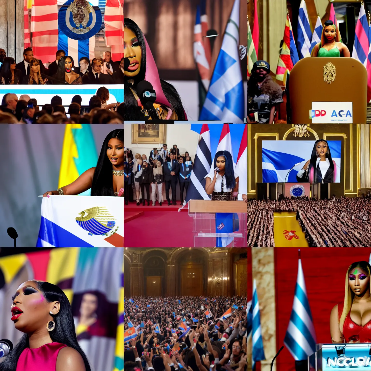 Prompt: A photo of Nicki Minaj giving a speech in Argentina, Argentina flags behind, in the Argentine Congress, background out of focus, hd picture, highly detailed