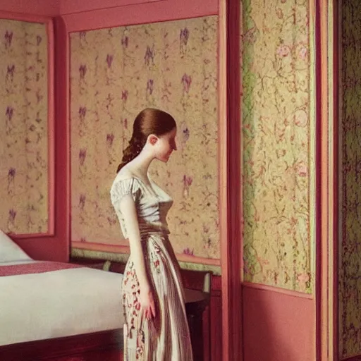 Image similar to a lonely girl in a liminal hotel room, baroque wallpaper, film still by wes anderson, depicted by balthus, limited color palette, very intricate, art nouveau, highly detailed, lights by hopper, soft pastel colors, minimalist