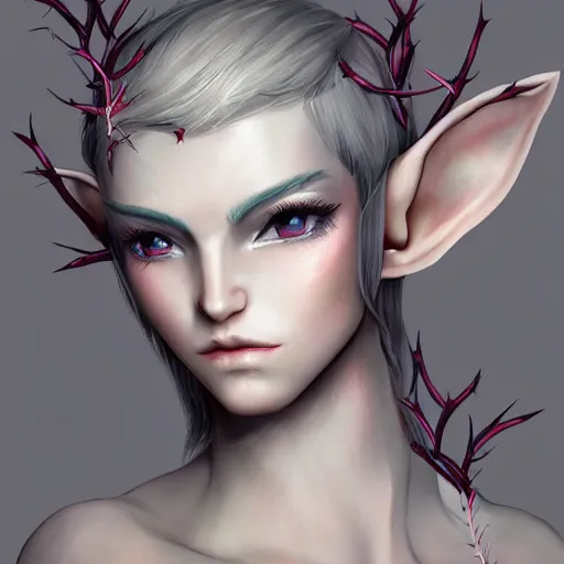 Image similar to beautiful androgynous male elf surrounded by thorns, pearlescent, ornate, dreamy, concept art trending on artstation, gray and pale pink