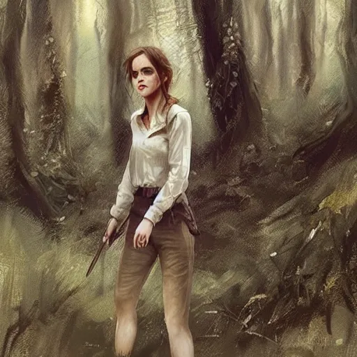 Prompt: portrait of emma watson walking in a forest, casual outfit, high detail, greg rutkowski