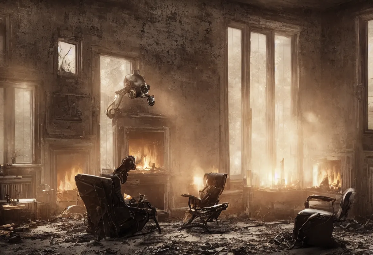 Prompt: An intimate closeup portrait photograph of a solitary futuristic robot sitting on a frayed recliner in front of a beautiful fireplace with a cozy fire, in a dilapidated steampunk Victorian home, soft morning light seeping in a window, with cinematic lighting and lens flare, tall ceiling, octane render, cgsociety, by Simon Stalenhag and Alfonso Cuaron, highly detailed close shot , award-winning highly detailed 8k anamorphic Arri Alexa Cooke cinematic movie photograph