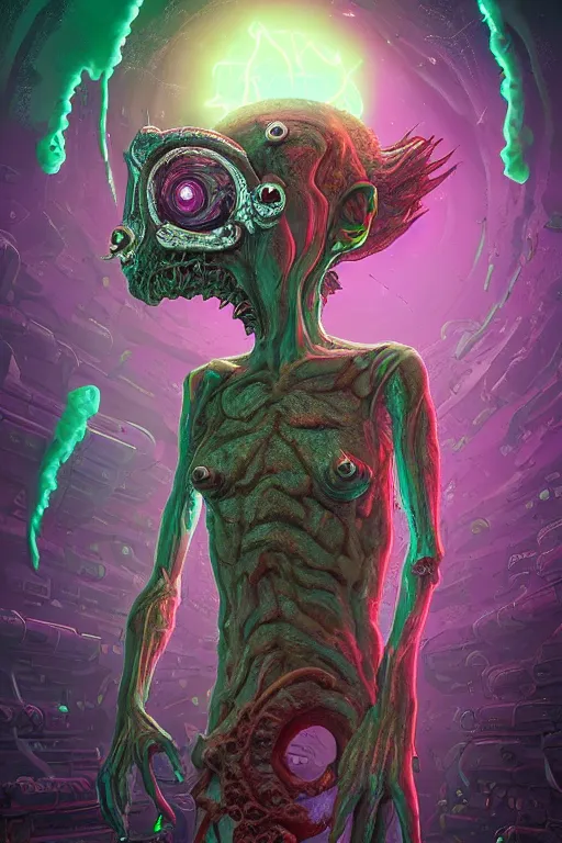 Image similar to rick and morty fused with a lovecraft angry space zombie, glowing eyes, poltergeist, photo, portrait, 3d, high details, intricate details, by vincent di fate, artgerm julie bell beeple, 90s, Smooth gradients, octane render, 8k, volumetric lightning, High contrast, duo tone, depth of field, very coherent symmetrical artwork