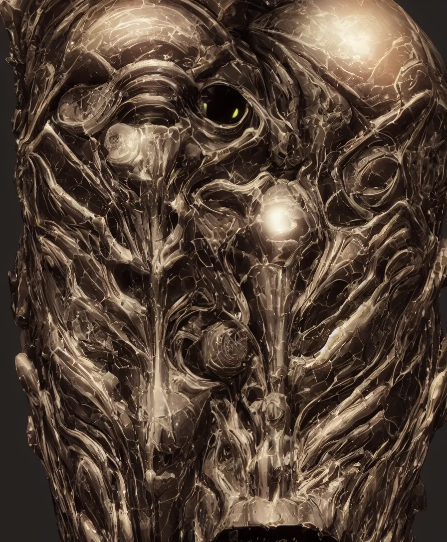 Prompt: centered artwork. horizontally symmetrical artwork. high contrast. increased sharpness. depth of field. close-up portrait of one biomechanical lich face, with transparent skin made of glass, by jarold Sng and Stephen Oakley, octane render, by greg rutkowski, artstation