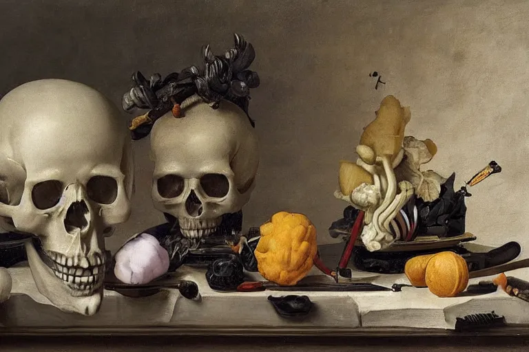 Prompt: a vanitas painting from the 21st century by clara peeters and pieter claesz with a skull but also with air pods, a smartphone and a huge NVIDIA RTX GPU , cables, wires