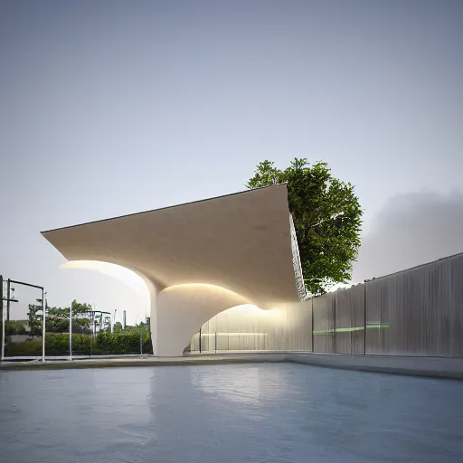 Image similar to architectural building with the shape of three interlocking rectangular boxes, asymmetry, 8k, sustainable architecture,Fantasy art, octane render, 16k, 8k, cinema 4d, back-lit, caustics, clean environment, Wood pavilion architecture, warm led lighting, dusk, Landscape, with aqua water, silver, with rays of sunshine, white fabric landscape, tall building, smooth landscape, warm lighting,3d cgi, high definition, natural lighting, realistic, hyper realism by Enrich, Victor.