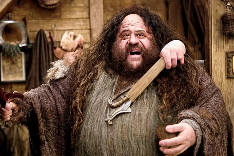 Prompt: film still Danny Devito as Rubeus Hagrid in his cabin in Harry Potter movie