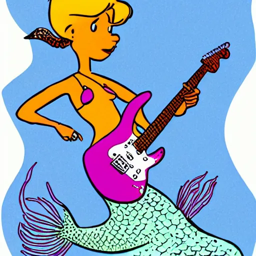 Prompt: illustration of a mermaid playing an stratocaster electric guitar, by Bill Watterson
