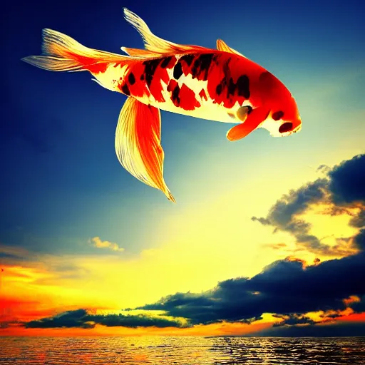 Image similar to photograph of a flying koi fish, majestic, clouds in the background, sharp focus, beautiful, enhanced colors, sunset colors, hd, cinematic lighting, 8k