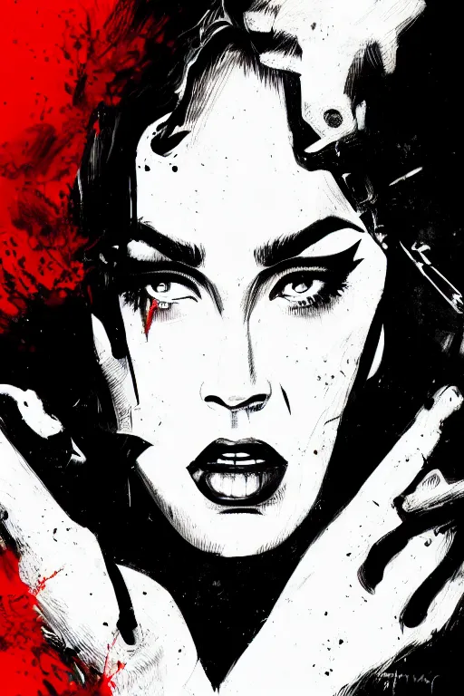 Prompt: dream of a film still from sin city, closeup portrait of film noir angry megan fox private detective wearing a hat, detailed illustration, digital art, trending on artstation, frank miller, martin ansin, action movie poster, dripping paint, red on black, graffiti, gta v,