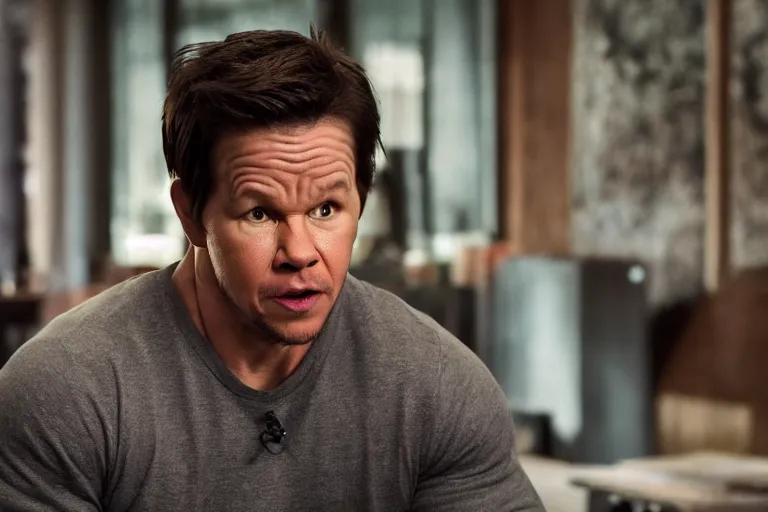 Image similar to mark wahlberg as matt daemon, all faces are distorted contorted, shock, repulsion, disgust, frustration, annoyance, laughter, smirk, snicker, cinematic still, movie still, long lens, shallow depth of field, bokeh, anamorphic lens flare, 8 k