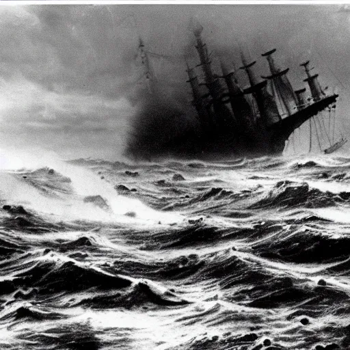Prompt: giant anomalous creature in the middle of a violent stormy ocean being encountered by warship, 1900s photograph
