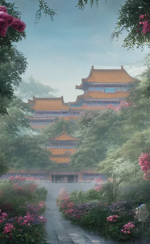 Image similar to vanishing point, palace covered with aqua blue roses like the forbidden city in distance at the red rose royal manor, viewed from afar, stephen bliss, misty, unreal engine, fantasy art by greg rutkowski, loish, ferdinand knab, and lois van rossdraws,, global illumination, radiant light, minimalist, detailed and intricate environment