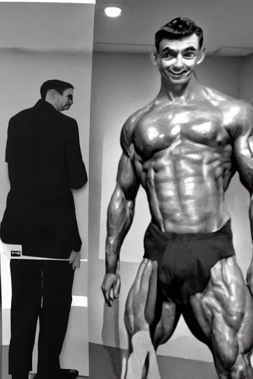Image similar to Mr Bean smirking behind a cardboard cutout of a ripped body builder gigachad body pretending it's his, grayscale photography