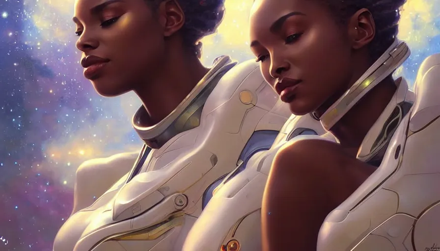 Image similar to concept art of very very very very very very beautiful african woman, futuristic spacesuit, floating in space with epic cosmos in the background, real life skin, intricate, elegant, highly detailed, artstation, concept art, smooth, sharp focus, art by artgerm and greg rutkowski and alphonse mucha