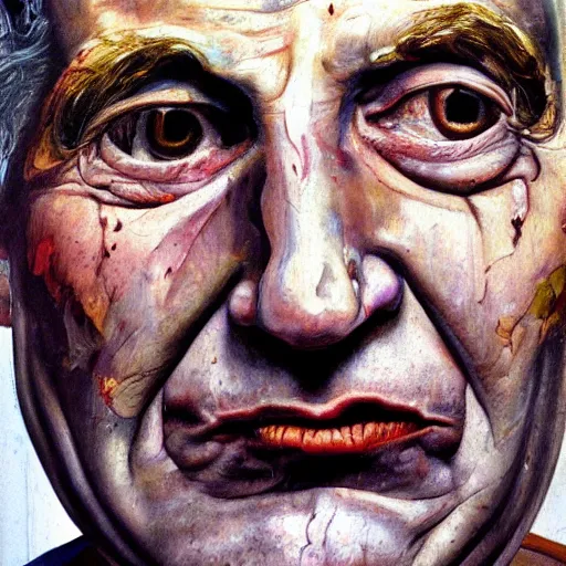 Image similar to high quality high detail painting by lucian freud, hd, old face with purple scars